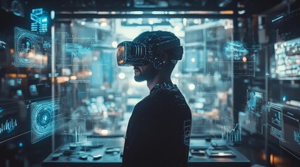 A virtual reality setup with a user immersed in a digital environment, wearing a VR headset and interacting with holographic objects.
