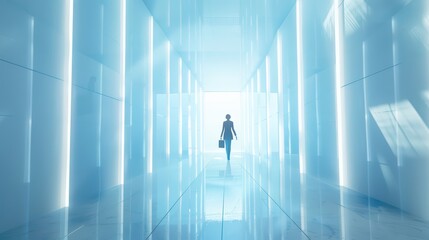 A person walks through a modern, illuminated corridor, symbolizing progress and opportunity in a futuristic environment.