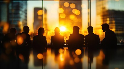 blurred silhouettes of business professionals gathered around conference table warm ambient lighting creating sense of focused collaboration