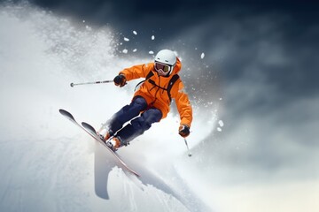 Orange jacket ski is jumping with skiboarding snow recreation outdoors.