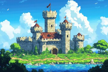 Fototapeta premium Retro 16-Bit Castle with Pixelated Banners Against Clear Sky Background for Copy Space