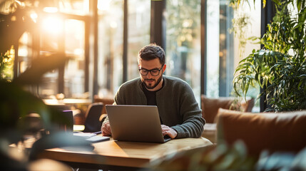 Obraz premium A professional setting up their laptop in a hot-desking environment within an agile office