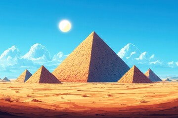 Retro 8-Bit Pixel Desert Landscape with Pyramid Silhouettes against Clear Sky Copy Space