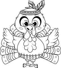 Coloring page. Turkey in Native American Outfit with Feather