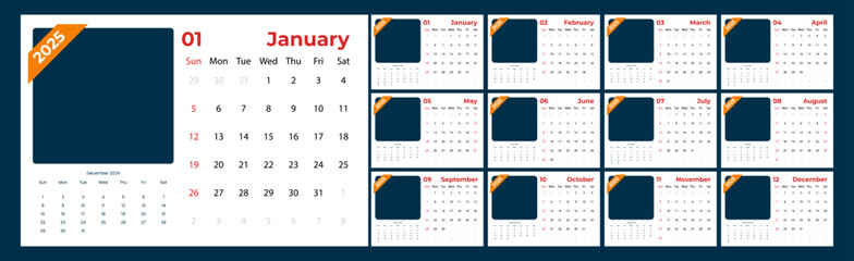Calendar 2025 starts from Sunday. Minimalist, Clean, Simple and Modern Design. 12 pages Calendar
