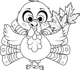 Coloring page. Turkey with Autumn Leaves