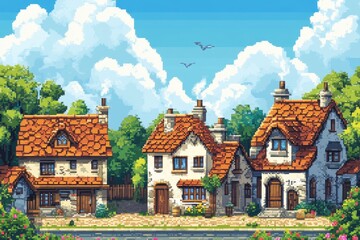 Fototapeta premium Nostalgic Pixelated Village Scene with Clear Sky for Copy Space