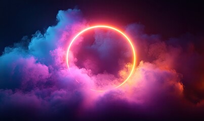 A vibrant neon circle surrounded by colorful clouds in a dark atmosphere.
