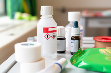 Set of products on a hospital tray to take care for a patient.