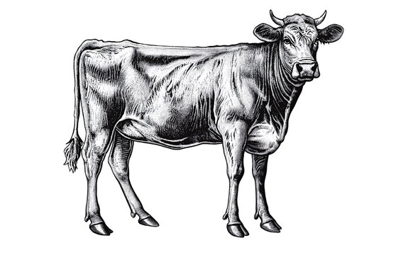 Cow, bull, farm. Vintage retro print, black white cow sketch ink pencil style drawing, engrave old school. Sketch artwork silhouette farm cow, white background. Side view profile. Illustration