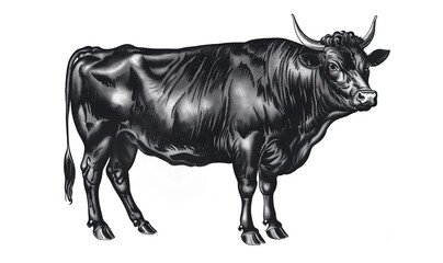 Obraz premium Cow, bull, farm. Vintage retro print, black white cow sketch ink pencil style drawing, engrave old school. Sketch artwork silhouette farm cow, white background. Side view profile. Illustration