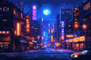 Fototapeta premium Nostalgic Night Stroll in Retro City â€“ Pixelated Neon Signs, Luminous Skyline for Text, Urban Glow and Vintage Vibes