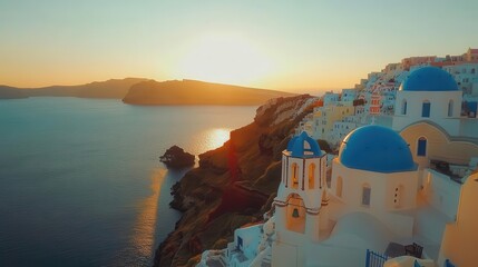 breathtaking panorama of santorini at golden hour showcasing iconic whitewashed buildings with blue domes perched on dramatic cliffs overlooking the shimmering aegean sea