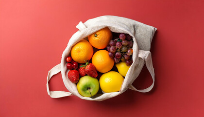 Top view of a fruit-filled bag against a light red background, highlighting fresh, organic, and healthy produce for wellness and nutrition themes
