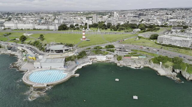 Aerial footage of Hoe Park on a cloudy daytime in Plymouth, Devon, England, United Kingdom