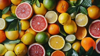 A variety of citrus fruits, including lemons, limes, and grapefruits, arranged in a colorful display.