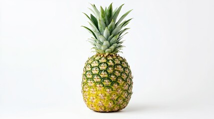 Fototapeta premium A whole pineapple with its spiky green top, isolated on a white background, symbolizing tropical freshness.