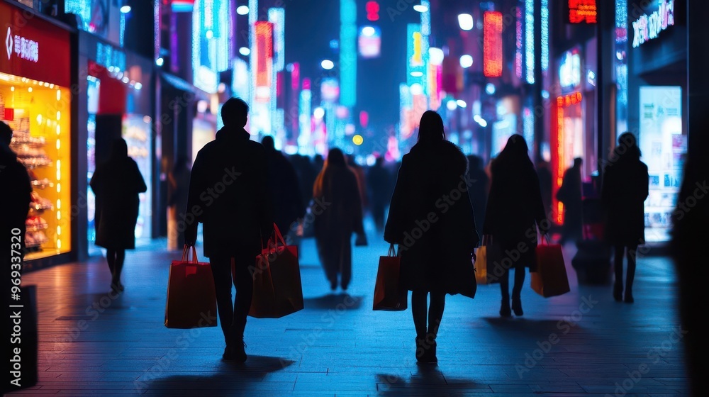 Wall mural bustling midnight shopping scene neonlit streets silhouettes of eager shoppers overflowing bags urba