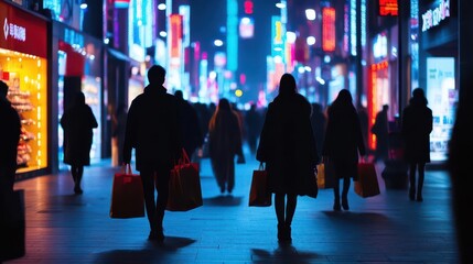 bustling midnight shopping scene neonlit streets silhouettes of eager shoppers overflowing bags urban energy