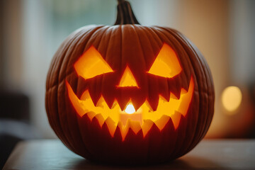 Fototapeta premium A pumpkin with a scary face is lit up with a light