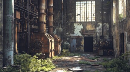 Naklejka premium Abandoned factory with rusted metal structures and crumbling walls, a haunting relic of the past.