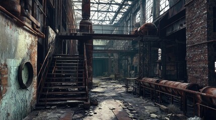 Abandoned factory with rusted metal structures and crumbling walls, a haunting relic of the past.