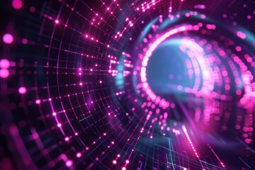Fototapeta premium A vibrant abstract tunnel with glowing lines and dots, showcasing a futuristic digital atmosphere in purple and blue hues.