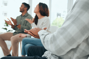Therapy, psychology and group of people clapping hands for mental health support and recovery...