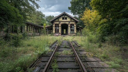 Obraz premium Abandoned railway station with overgrown tracks and crumbling buildings, a relic of a bygone era.