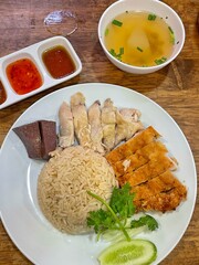 Fried and boiled chicken rice Soup and Dipping Sauce