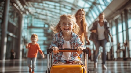 Joyful children playing at the airport with family during travel