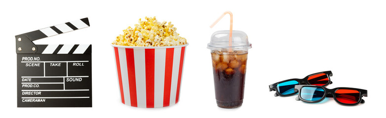 Tasty popcorn in buckets and cold cola drinks with cinema tickets, movie clapper and 3D eyeglasses...