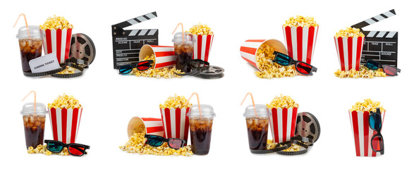 Tasty popcorn in buckets and cold cola drinks with cinema tickets, movie clapper and 3D eyeglasses...