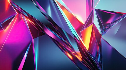 Abstract geometric shapes with a futuristic feel, featuring sharp lines and neon colors.
