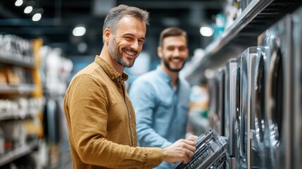 Two men shopping for appliances in a modern retail store