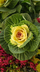 Ornamental cabbage blooming with yellow and green leaves. Vertical mobile photo