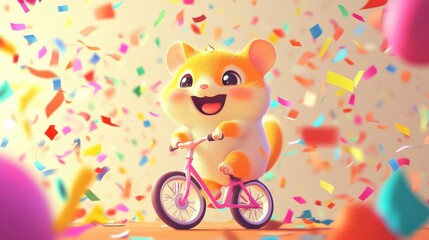 Naklejka premium A cartoon hamster riding a tiny bicycle, with colorful confetti and streamers surrounding the joyful scene.