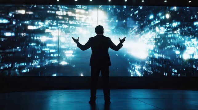 charismatic businessman delivering passionate speech on sleek modern stage dramatic backlighting silhouettes his figure against massive video wall displaying dynamic visuals