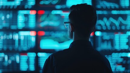 Back view of a man wearing glasses analyzing data displayed on multiple large digital screens in a dimly lit room.