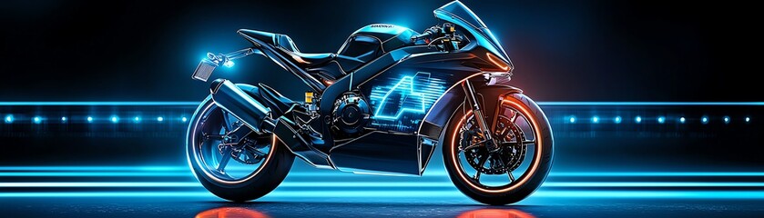 Obraz premium Futuristic motorcycle with neon lights and sleek design against a vibrant background, perfect for automotive and technology themes.