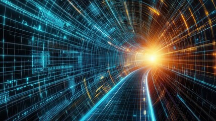 Obraz premium A futuristic tunnel of holographic grids and glowing lines, converging into an integrated digital network, showcasing innovation and immersive convergence