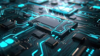 Fototapeta premium Close-up of a futuristic circuit board featuring glowing blue lines and intricate components, symbolizing advanced technology.