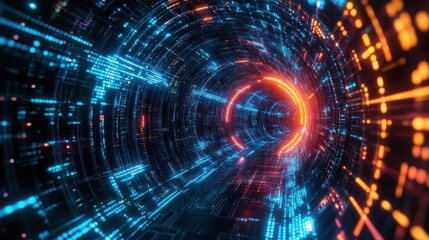 Obraz premium A glowing abstract tunnel where digital data streams merge and integrate into an immersive system of innovation and technological convergence