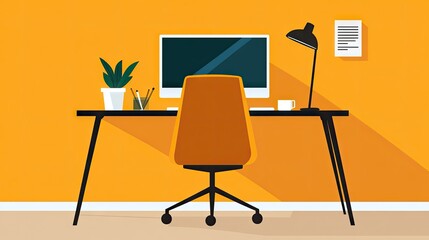 Fototapeta premium An empty chair facing a desk with a computer, symbolizing remote work and the modern business environment.