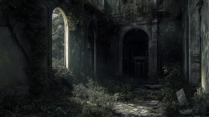 Fototapeta premium A dark, abandoned building with a large window