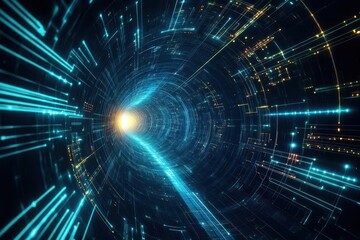 Digital vortex, abstract tunnel of light, convergence of technology, innovation in motion, glowing circuits