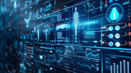 Fototapeta premium Abstract blue medical user interface with futuristic informationgraphics and technology elements. 3D rendering