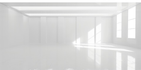 Obraz premium Spacious white room with large windows and sunlight streaming in, offering a clean and bright environment, ideal for interior design.