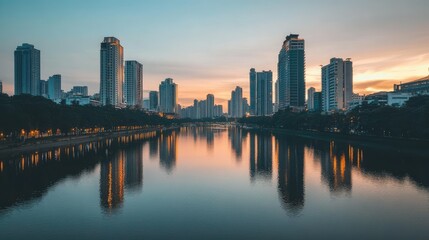 Fototapeta premium Cityscape with a river running through, lined with tall buildings reflecting in the water.