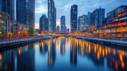 Fototapeta premium Cityscape with a river running through, lined with tall buildings reflecting in the water.